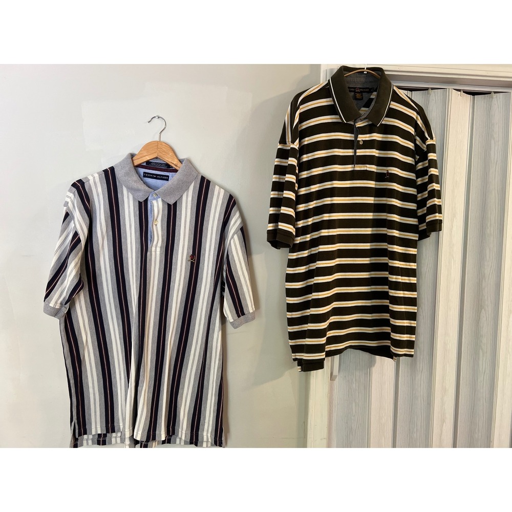Tommy Hilfiger Polo Shirts Men XL Grey Olive Striped 2pk Vintage Good